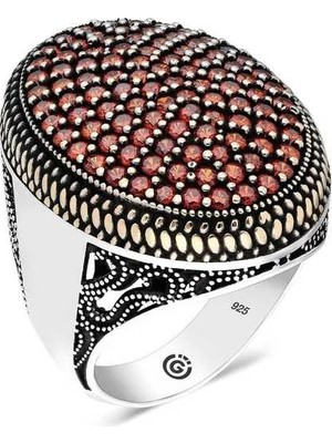 Inure Jewelry Gümüş Kırmızı Zirkon Taşlı Oval Erkek Yüzük