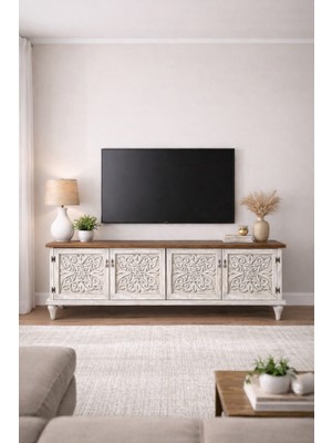 Boz Yapı Dekorasyon Işlemeli 4 Kapaklı %100 Doğal Ahşap Tv Ünitesi Konsol