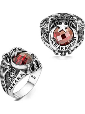 Inure Jewelry Gümüş Polis Akademisi Kırmızı Taşlı Erkek Yüzük