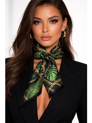 Mavi Masal Zincir Detaylı Tropikal Desenli Kadın Yeşil Fular