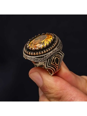 Inure Jewelry Gümüş Sarı Sitrin Zirkon Taşlı Desenli Erkek Yüzük