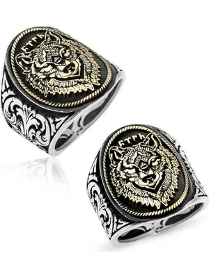 Inure Jewelry Gümüş Göktürkçe Türk Yazılı Kurt Kafası Erkek Yüzük