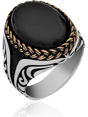 Inure Jewelry ​gümüş Oniks Taşlı Desenli Erkek Yüzük