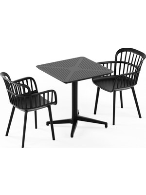 Tilia 2 Kişilik Polipropilen Masa Takımı Siyah (Moon Katlanır Masa 70X70 cm + Eva-P Kollu Sandalye) - Bahçe, Balkon, Teras, Veranda, Havuz Başı, Dış Mekan, Kafe, Restoran, Otel İçin