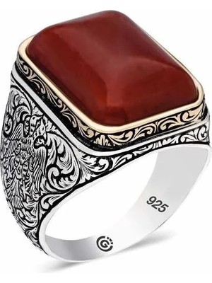 Inure Jewelry ​gümüş Desenli Kırmızı Zirkon Taşlı Kare Erkek