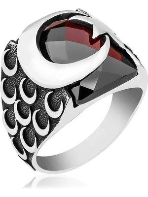 Inure Jewelry ​gümüş Kırmızı Kesme Taşlı Ay Yıldız Erkek Yüzük