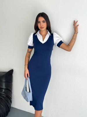 Kiki Gömlek Yaka Detaylı Kontrast Elbise