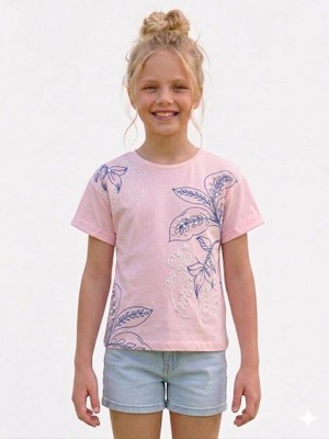 Rapapa Kız Çocuk Pudra Pembe Çiçek Nakışlı Kısa Kollu Tişört 6776