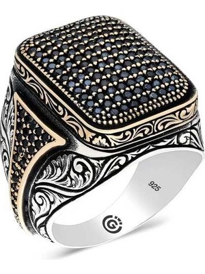 Inure Jewelry Gümüş Siyah Zirkon Taşlı Kare Erkek Yüzük