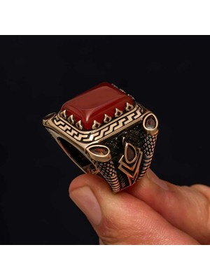 Inure Jewelry Gümüş Kırmızı Akik Taşlı Erkek Yüzük