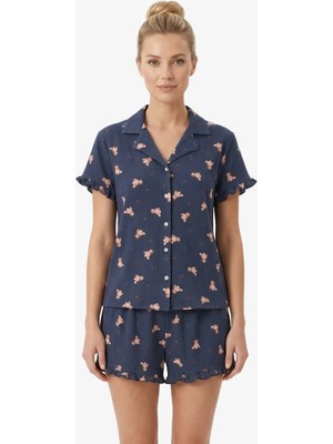 Cottonhill Lacivert Ayıcık Desenli Bürümcük Gömlek Yaka Kadın Şortlu Pijama Takımı