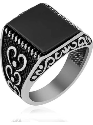 Inure Jewelry Gümüş Oniks Taşlı Desenli Erkek Yüzük
