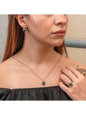 Inure Jewelry Gümüş Yeşil Çiçek Desenli Otantik Kadın Set