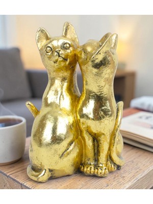 Elifeshop Lüks Polyester Gold 2li Kedi Biblo Dekoratif Ürün Ev Ofis Yeni Yıl Hediyesi Dekoratif Obje 17 Cm.