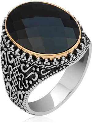 Inure Jewelry Gümüş Siyah Zirkon Taşlı Oval Erkek Yüzük