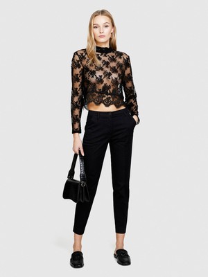 Sisley Streç Pamuklu Kemer Delikli Normal Bel Chino Pantolon Kadın Siyah Pantolon - 324P4BYW55AH6