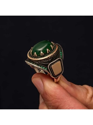 Inure Jewelry Gümüş Yeşil Akik Taşlı Erkek Yüzük