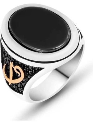 Inure Jewelry Gümüş Siyah Taşlı Elif Vav Erkek Yüzük