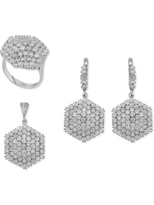 Inure Jewelry Gümüş Zirkon Taşlı Altıgen Bayan Set