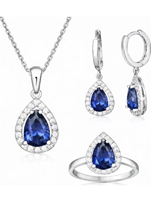 Inure Jewelry Gümüş Lacivert Zirkon Taşlı Damla Kadın Set