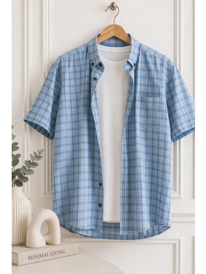 Varetta Erkek Mavi Kısa Kollu Gömlek Büyük Beden Yaka Düğmeli Cepli Yazlık Rahat Kalıp