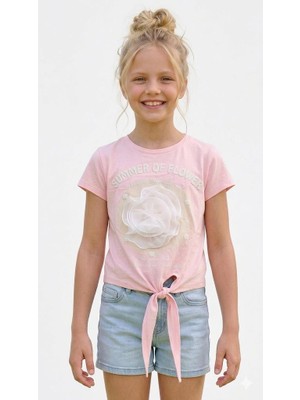 Rapapa Kız Çocuk Beyaz Gül Detaylı Pembe Örme Crop TIŞÖRT-4318