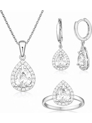 Inure Jewelry Gümüş Beyaz Zirkon Taşlı Damla Kadın Set