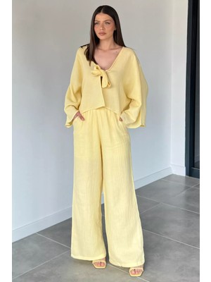 Gülseli Kadın Ön Bağlamalı Kısa Kimono Bel Lastikli Pantolon Ikili Takım P-00020973