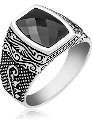Inure Jewelry Gümüş Kesme Taşlı Desenli Erkek Yüzük