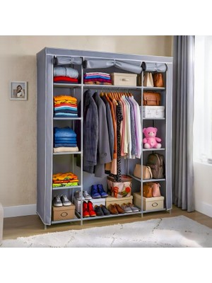 Bez Dolap Ruba Çift Yandan Raflı Portatif Gardırop Güçlendirilmiş Pvc Profil Gri