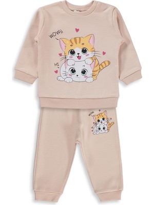 Civil Baby Kedi Baskılı 6-18 Ay Takım - Pudra