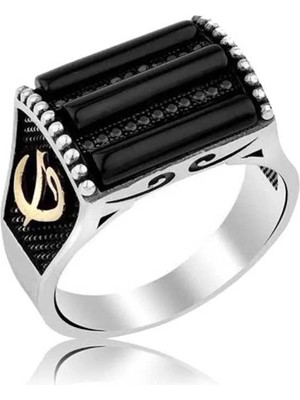 Inure Jewelry Gümüş Siyah Taşlı Elif Vav Erkek Yüzük
