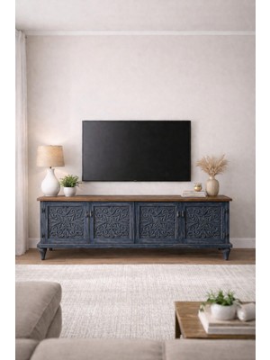 Boz Yapı Dekorasyon Işlemeli 4 Kapaklı %100 Doğal Ahşap Tv Ünitesi Konsol