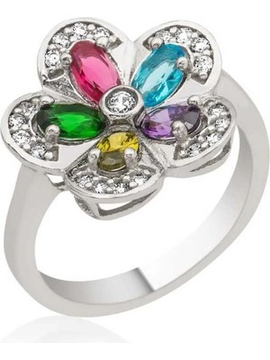 Inure Jewelry Gümüş Renkli Taşlı Çiçek Yüzük