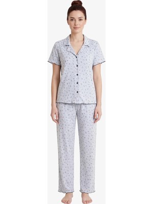 Cottonhill Gri Çiçek Desenli Pointel Gömlek Yaka Kadın Pijama Takımı