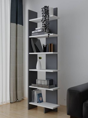 Alfimo Mobilya Milena Kitaplık 6 Raflı Dekoratif Kitaplık Ev Ofis Antrasit & Beyaz