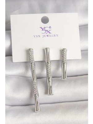 Uslucan Alışveriş Pirinç Gümüş Renk Zirkon Taşlı Bambu Model 3'lü Kadın Kombin Küpe