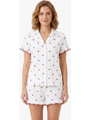 Cottonhill Beyaz Kiraz Desenli Bürümcük Gömlek Yaka Kadın Şortlu Pijama Takımı