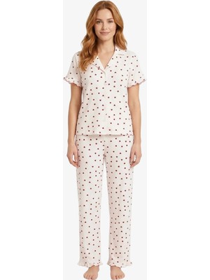 Cottonhill Krem Kalp Desenli Bürümcük Gömlek Yaka Kadın Pijama Takımı