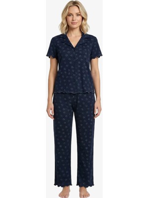 Cottonhill Lacivert Kalp Desenli Pointel Gömlek Yaka Kadın Pijama Takımı