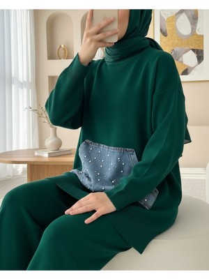 Modamorfo Kot Kanguru Cepli Triko Takım -Zümrüt