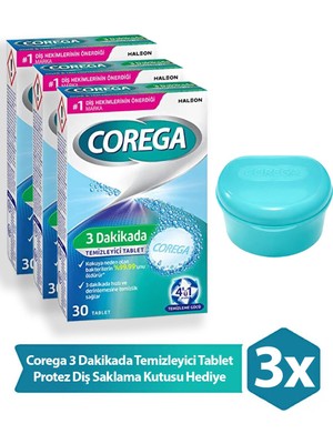 Corega 3 Dakikada Temizleyici 30 Tablet 3 Adet + Corega Protez Diş Saklama Kutusu