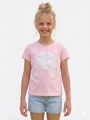 Rapapa Kız Çocuk Pembe Crop Tişört - Inci ve Tül Çiçek Detaylı Yazlık T-SHIRT-4334