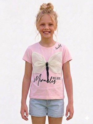 Rapapa Kız Çocuk Pembe Tül Kanatlı Yusufçuk Nakışlı Kısa Kollu T-shirt-4314
