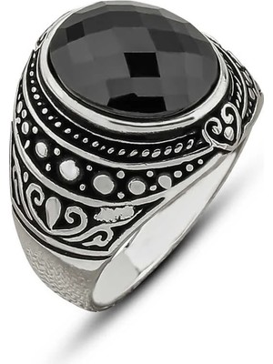 Inure Jewelry Gümüş Siyah Zirkon Taşlı Oval Erkek Yüzük