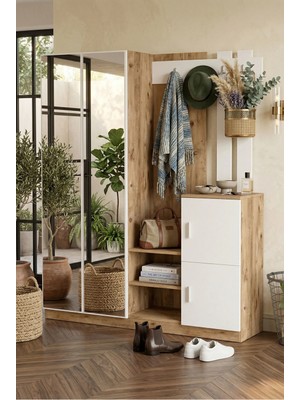 Robin Home Lina Aynalı Vestiyer Portmanto Ayakkabılık Beyaz - Atlantik Çam