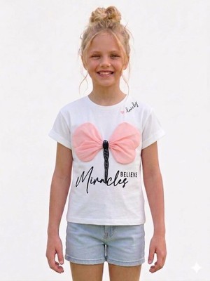 Rapapa Kız Çocuk Beyaz Tül Kanatlı Yusufçuk Nakışlı Kısa Kollu T-shirt-4314
