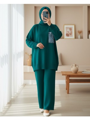 Modamorfo Tek Cepli Incili Triko Takım -Zümrüt