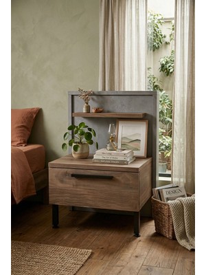 Robin Home Denver Komodin 2 Çekmeceli Metal Ayaklı Kahve-Beton D5-Cg