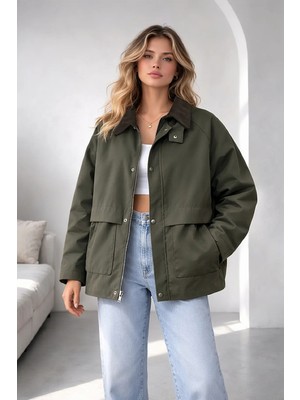 Haki Oversize Kadife Yaka ve Çıtçıt Detaylı Unisex Mevsimlik Mont&ceket